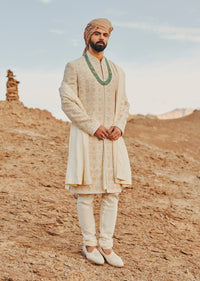 Beige Raw Silk Hand Embroidered Sherwani