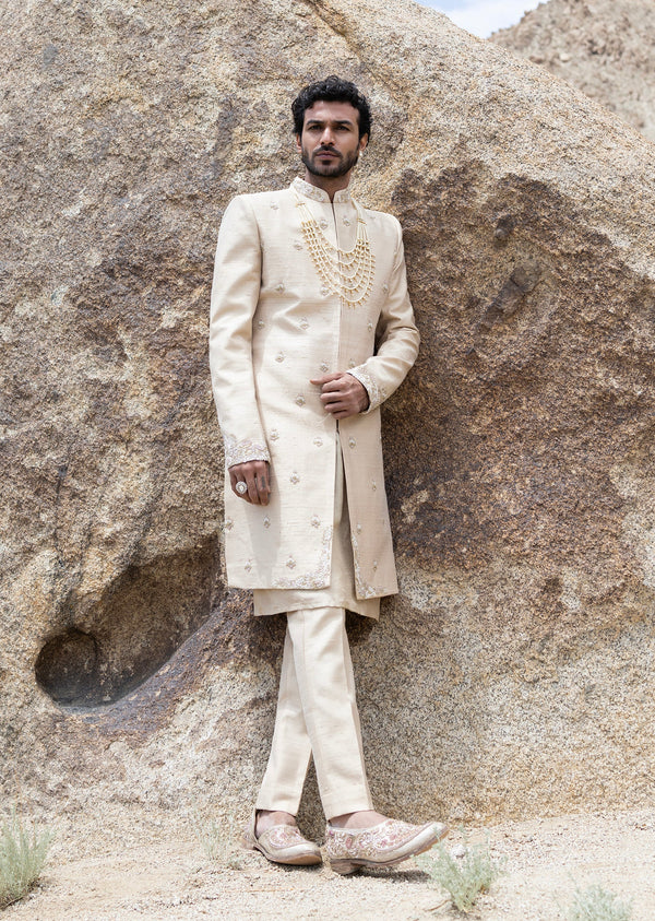 Beige Sherwani Set With Butti Embroidery