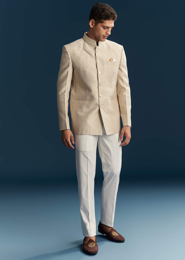 Beige Silk Jodhpuri Suit For Men With Embroidery
