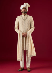 Beige Silk Sherwani Set With Aari And Zardosi Work