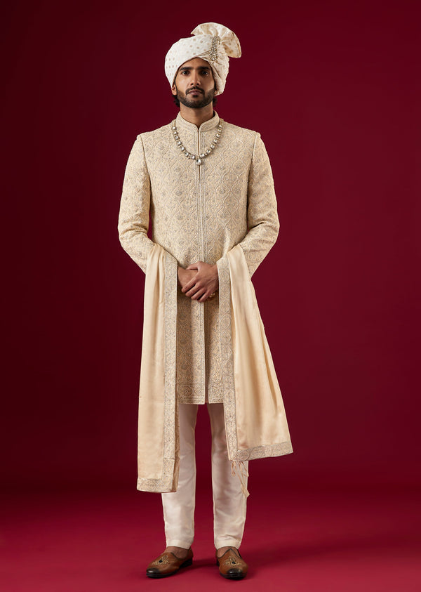 Beige Silk Sherwani Set With Aari And Zardosi Work
