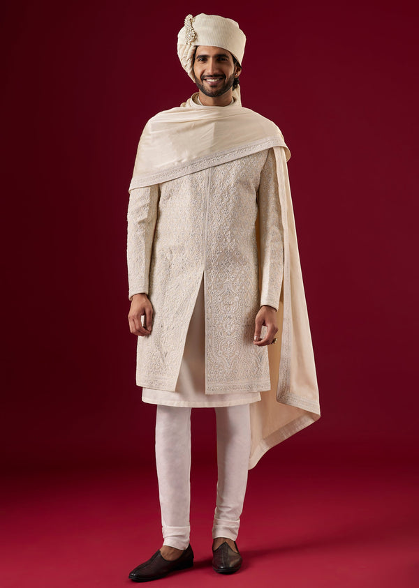 Beige Silk Sherwani Set With Dori Bead Work
