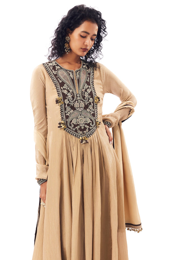 Beige Tissue Anarkali With Rich Zardosi Detailing