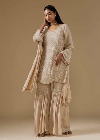 Beige Tissue Organza Sharara Suit With Cut Dana And Sequin Embroidery