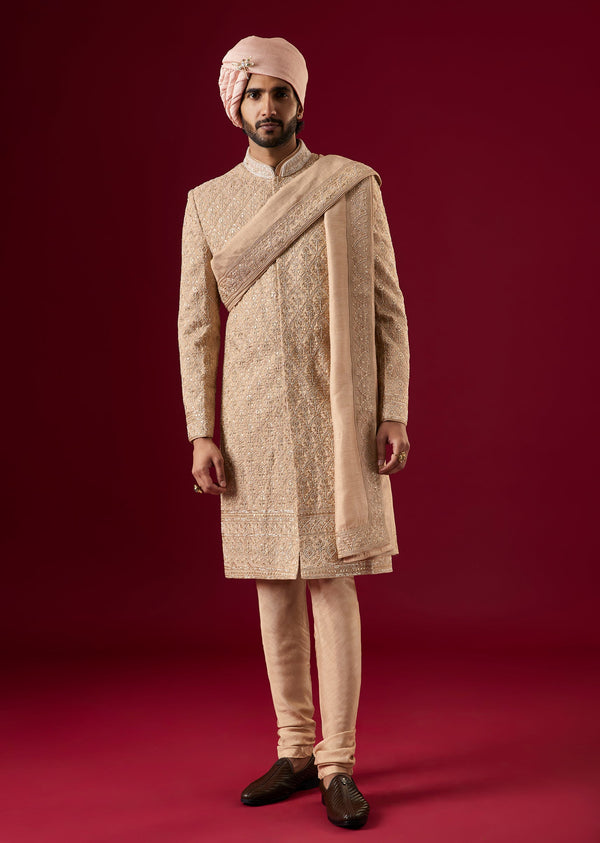Beige Tussar Sherwani Set With Thread Work