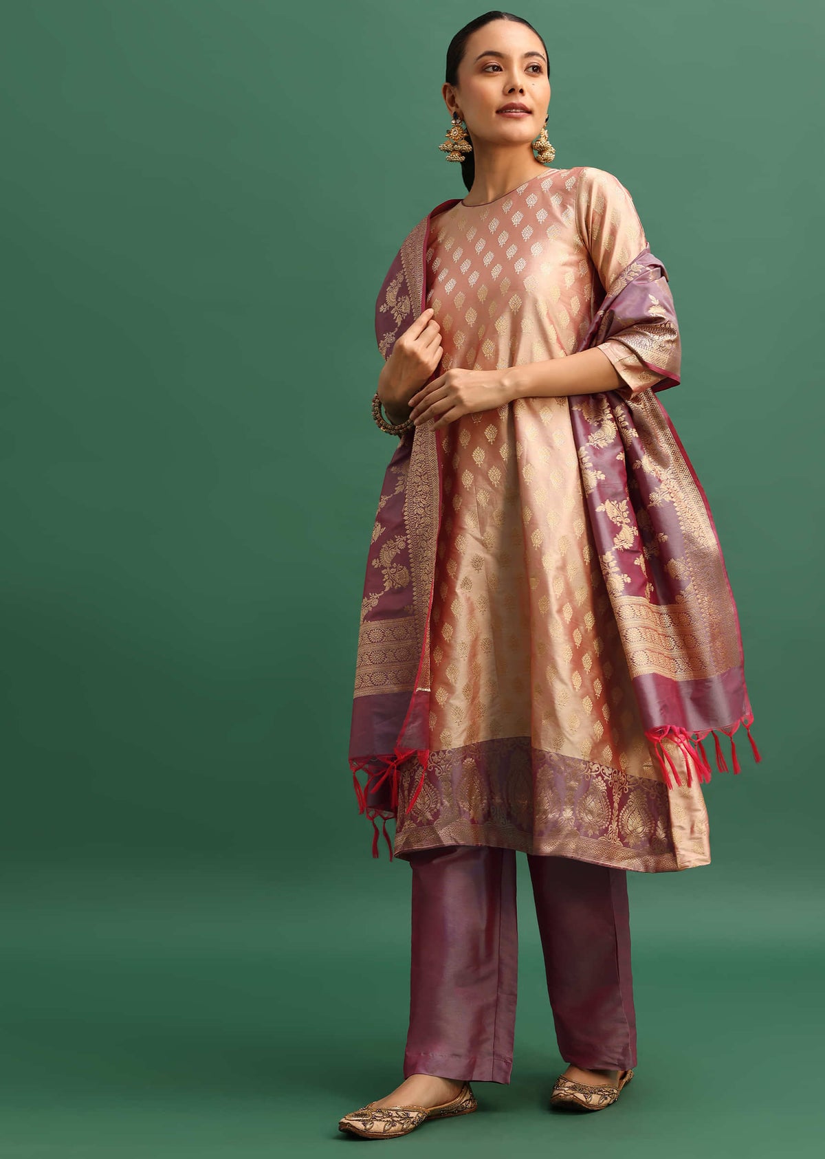 Beige and lavender Chanderi Banarasi woven saree