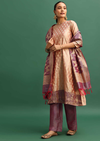 Beige and lavender Chanderi Banarasi woven saree