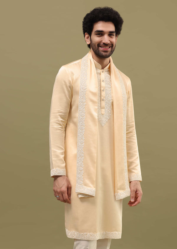 Beige Kurta Set In Resham Work With Dupatta For Men