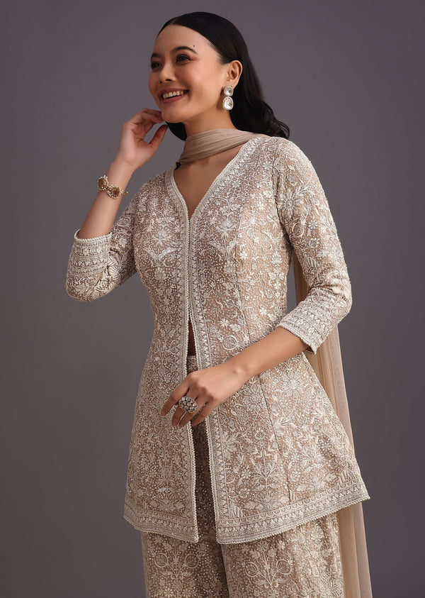 Beige Lucknowi Kurti Palazzo With Sequins Work And Net Dupatta