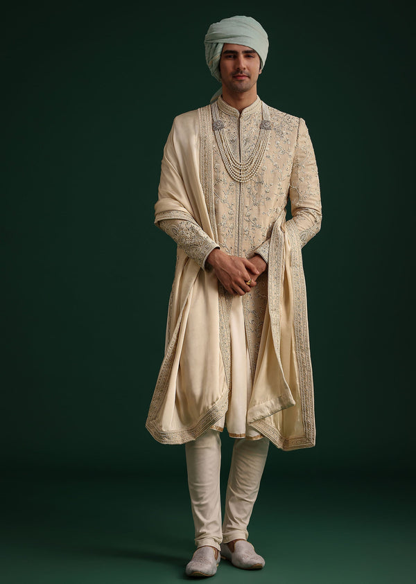 Beige Silk Sherwani Set With Zardozi Work