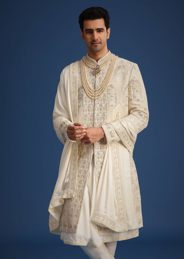Beige Silk Zardozi Work Sherwani Set With Mala