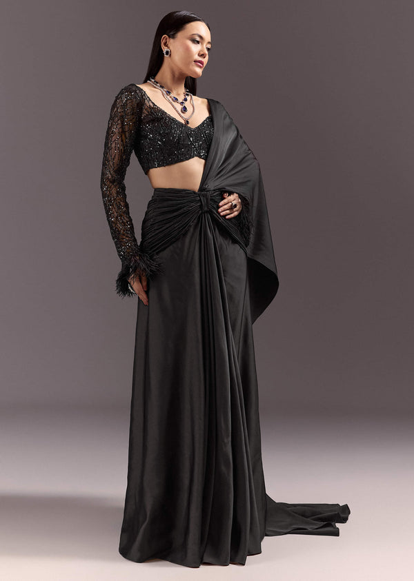 Black 3D Patchwork Cutdana Drape Saree With Sleeveless Overlap Blouse
