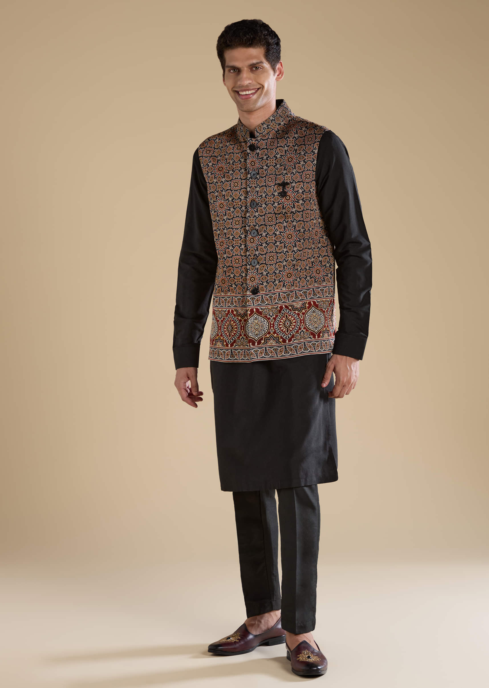 Black Ajrakh Print Mens Jacket Kurta and Pant Set