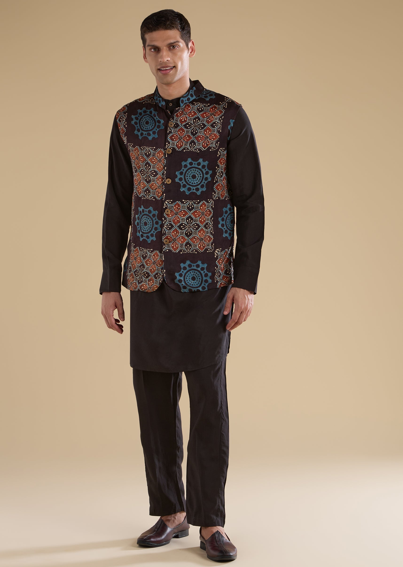 Black Ajrakh Printed Kurta Jacket Set