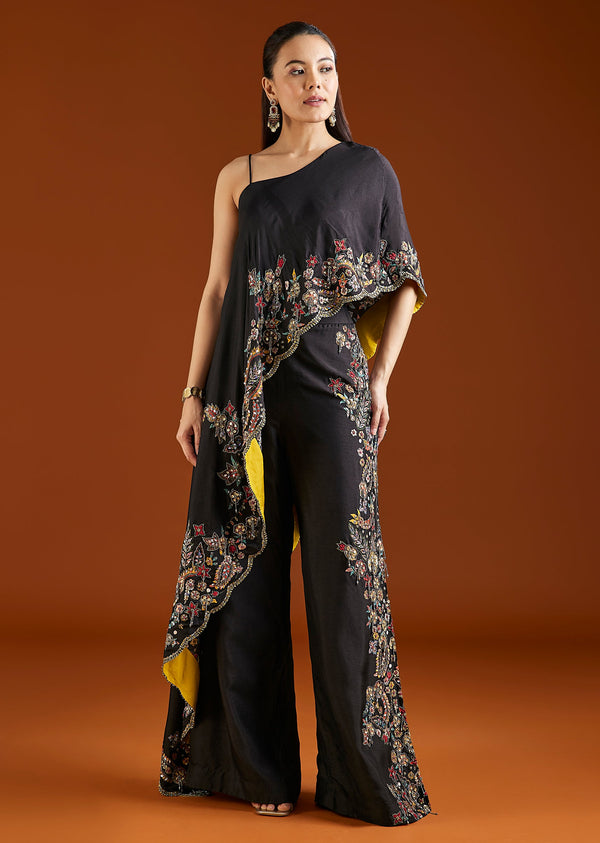 Black Asymmetric Silk Blend Crop Top Palazzo Set