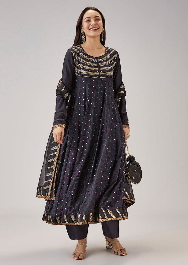 Black Banarasi Silk Bandhani Anarkali Set With Mukaish Work