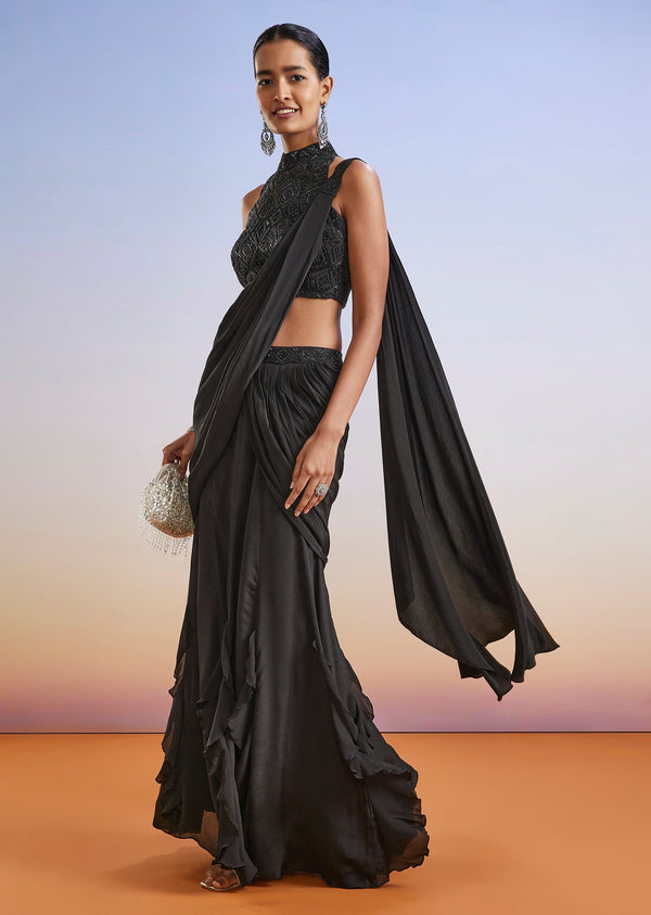 Black Beaded Embroidered Ready Pleated Saree With Blouse