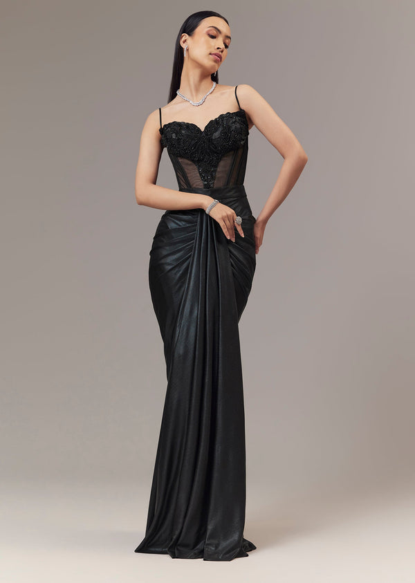 Black Contemporary Sleeveless Corset And Drape Skirt With Embroidery And Cut Dana Detail Work