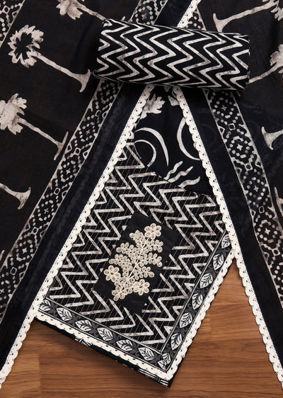 Black Cotton Printed Unstitched Suit With Dupatta