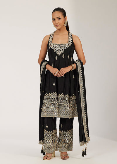 Black Crepe Heavily Embellished Sleeveless Anarkali Suit Set