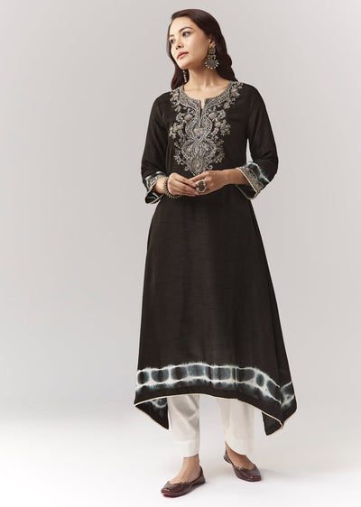 Black Cut Dana Sequin Kurta Pant Coord With Leheriya Border
