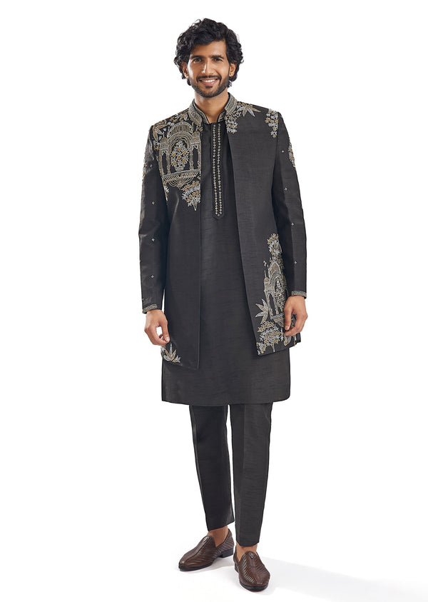 Black Cut Dana Thread Work Groomsman Sherwani