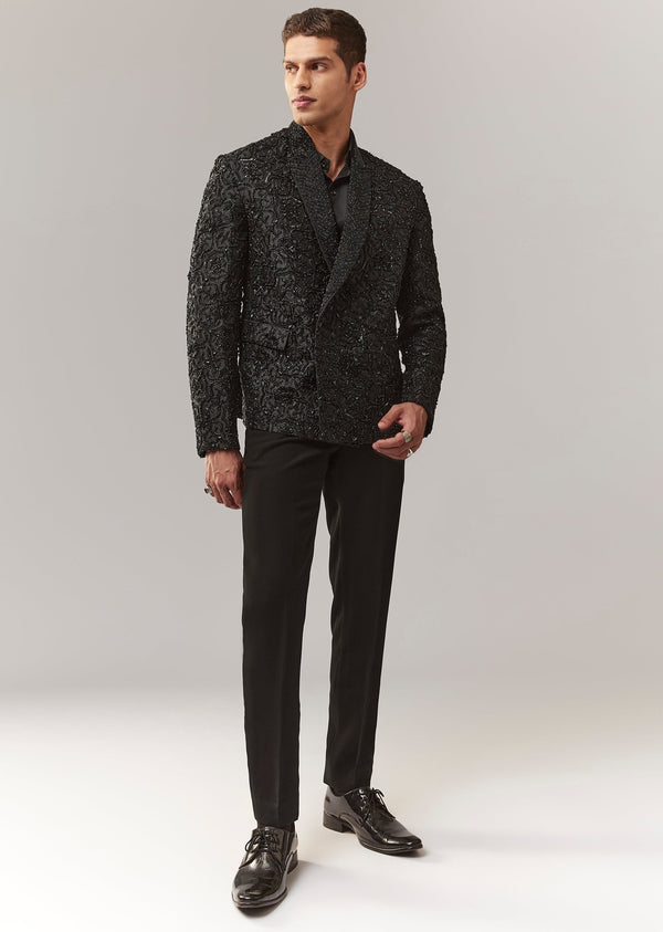 Black Embroidered Double Breasted Tuxedo Set With Sequins And Cutdana