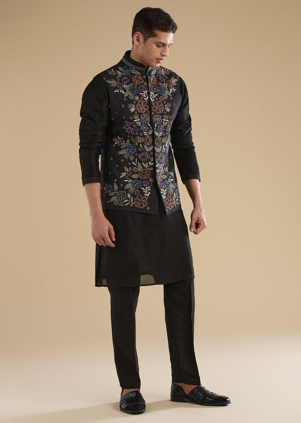 Black Embroidered Silk Kurta Jacket Set