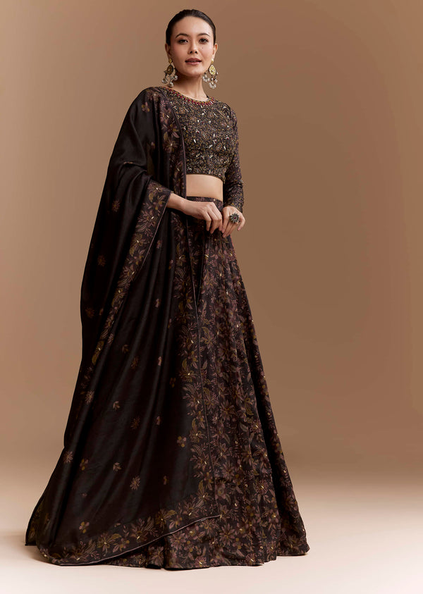 Black Floral Print Silk Bridesmaids Lehenga Set with Dupatta