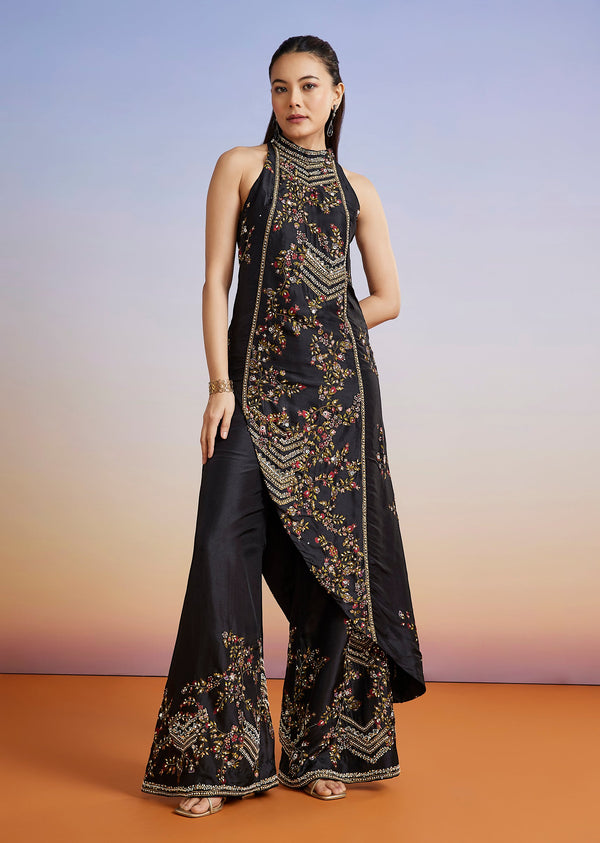 Black Floral Printed Silk Blend Co-ord Set