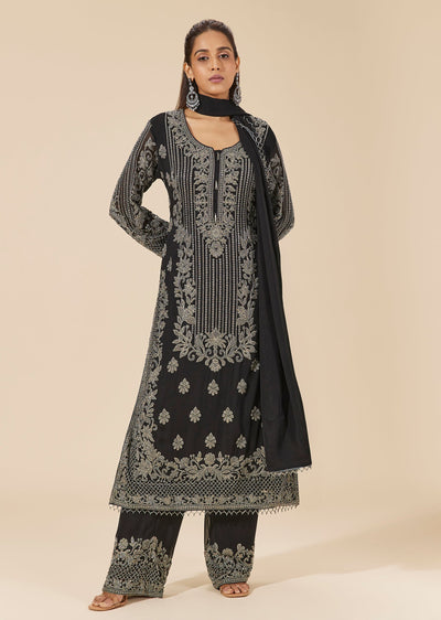 Black Georgette Kurta Set With All Over Bead Embroidery