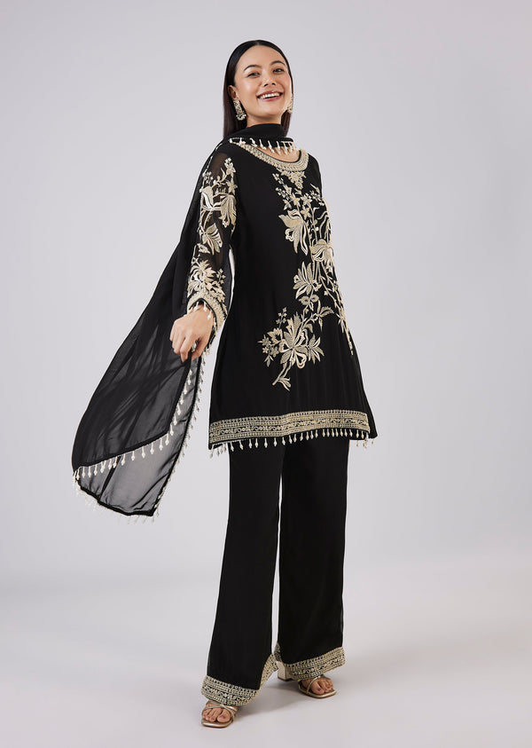 Black Georgette Palazzo Set With Resham Work
