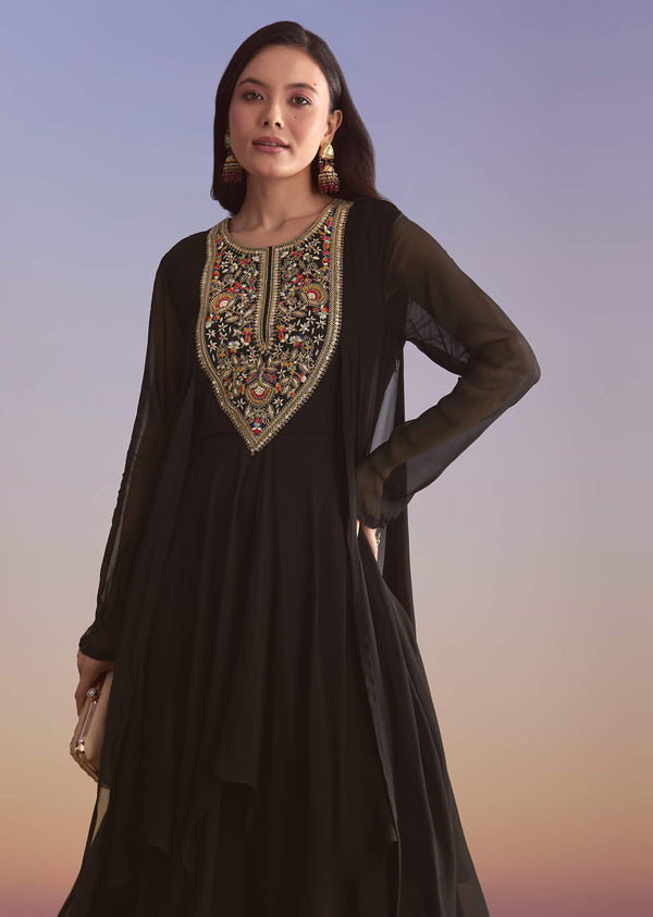Black Georgette Sharara Suit With Sequins And Resham Embroidery Kurta