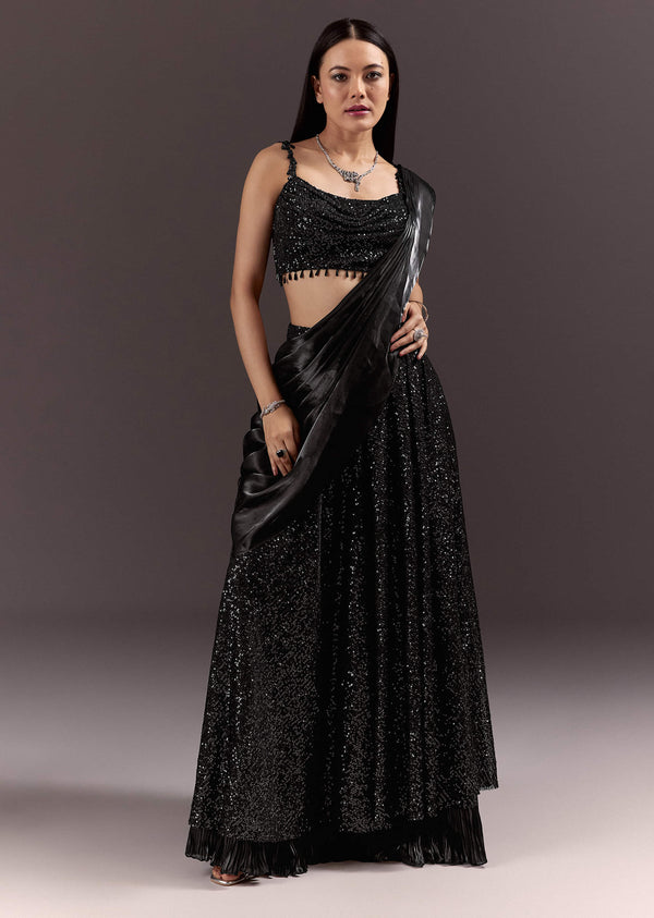 Black Indowestern Sharara Suit With Cowl Blouse With Attached Pallu Attached