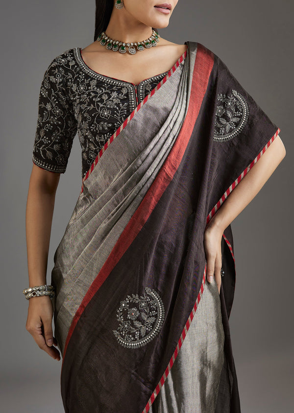 Black Kanjivaram Tissue Saree With Embroidered Blouse