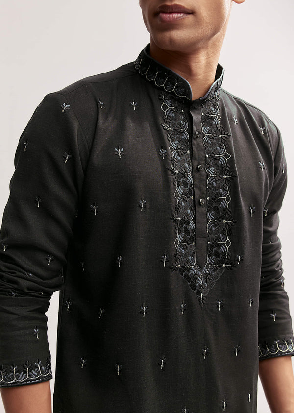 Black Linen Kurta Set For Men With Resham And Moti Work