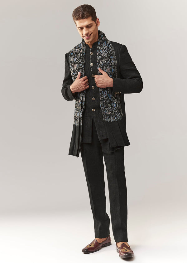 Black Matka Silk Jodhpuri Set With Mandarin Collar