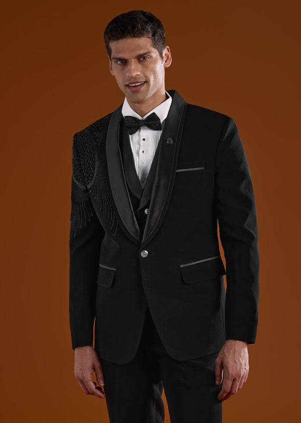 Black Men Tuxedo With Thread Beads And Cut Dana Work