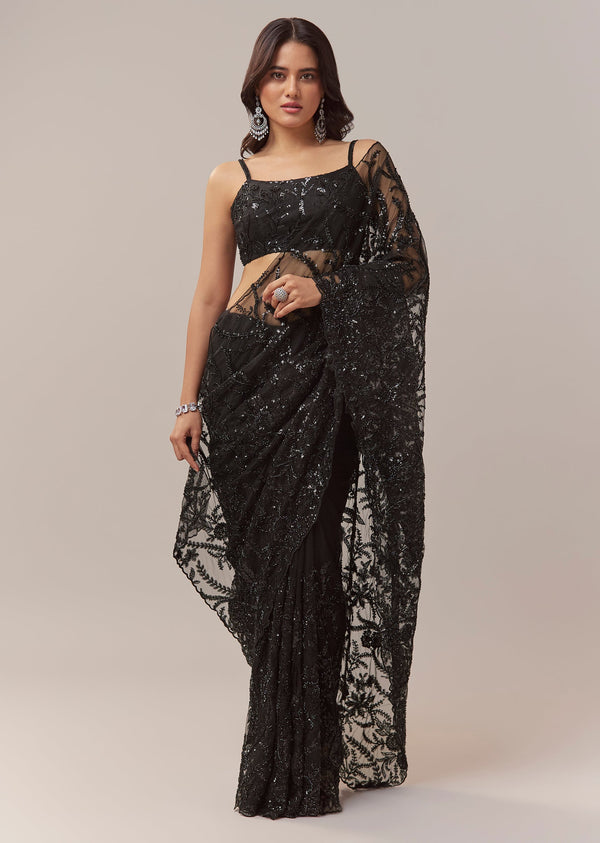 Black Net Saree With Floral Jaal Work And Cutwork Border