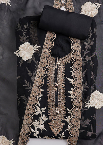 Black Organza Embroidered Unstitched Suit Set With Dupatta