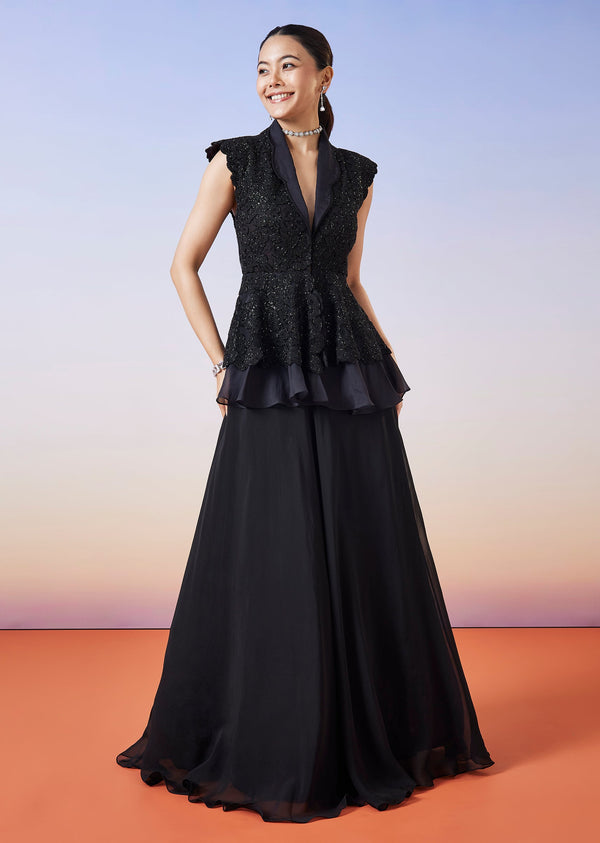 Black Organza Peplum Jacket Crop Skirt Lehenga