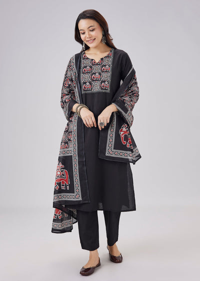 Black Printed Cotton Kurta Set With Dupatta