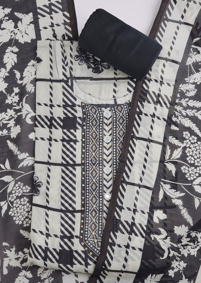 Black Printed Cotton Unstitched Suit Set With Dupatta