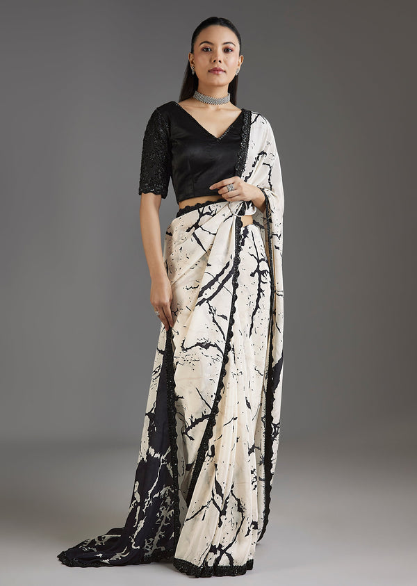 Black Printed Crepe Saree With Satin Blouse