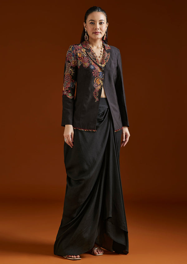Black Printed Silk Blend Jacket Style Skirt Set