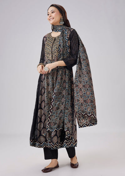 Black Pure Ajrakh Printed Modal Silk Anarkali Set With Dupatta