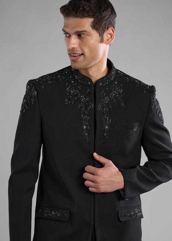 Black Rayon Jodhpuri Pant Set with Zardozi Work