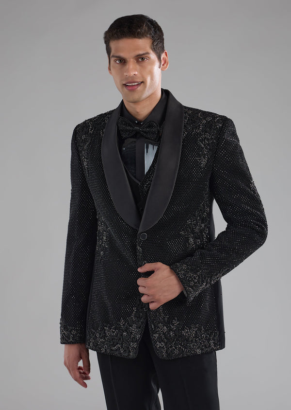 Black Resham Work Tuxedo and Waist Coat Set