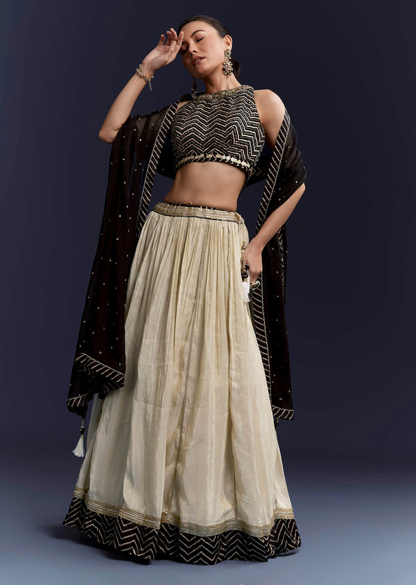Black Satin Bridesmaid Lehenga With Hand Dyed Chevron Print Choli