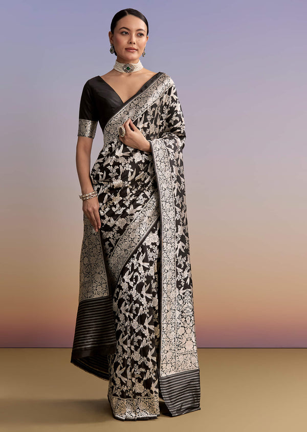 Black Silk Handwoven Banarasi Saree With Floral Zari Jaal Work